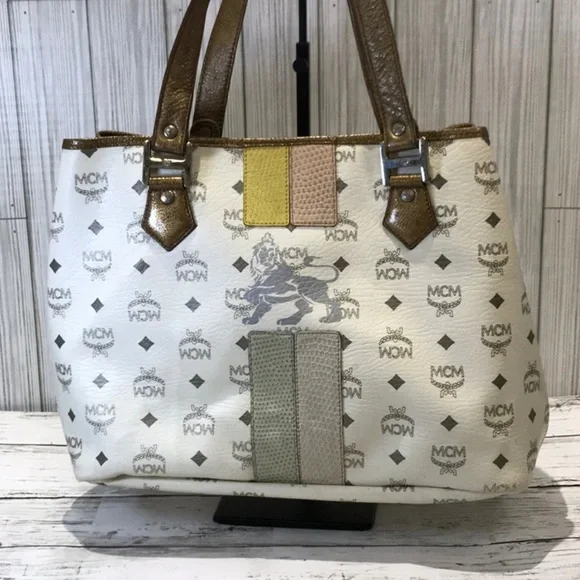 MCM Tote Bag White Logo Visetos Canvas Leather Trim Shoulder Bag - Picture 2 of 16